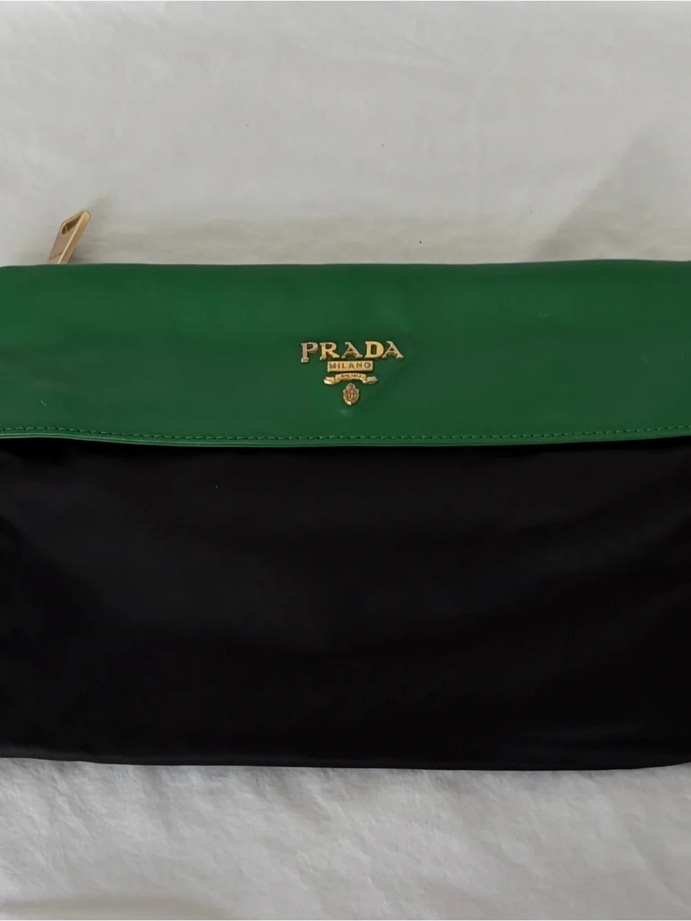 Prada Green and Black Fold-Over Men's Clutch with Gold Logo